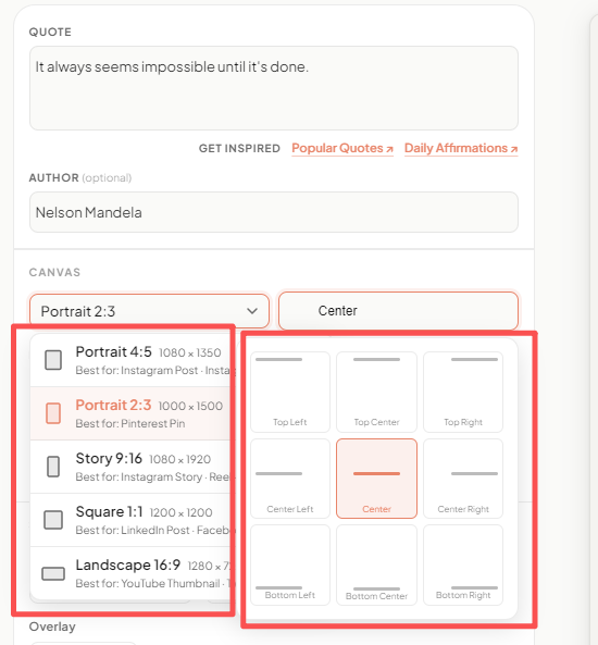 choose image size and text position using 9 grid layout to create a quote image