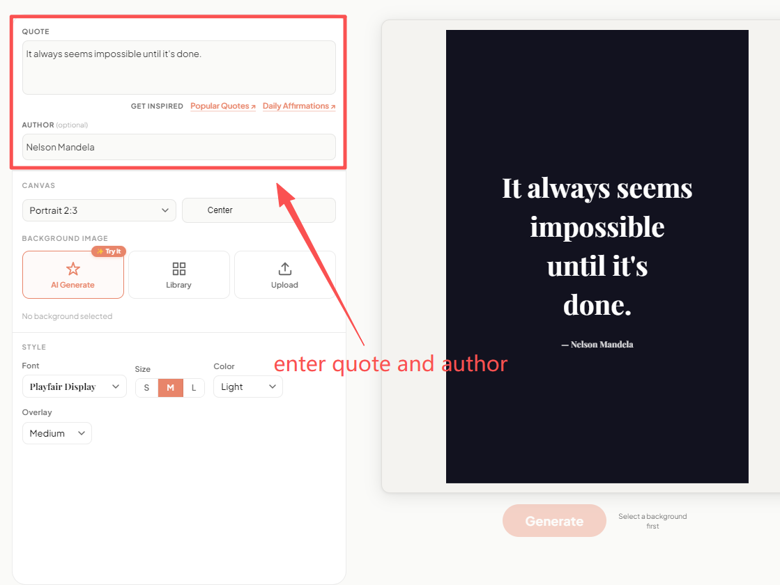 enter text to create a quote image in quote image generator
